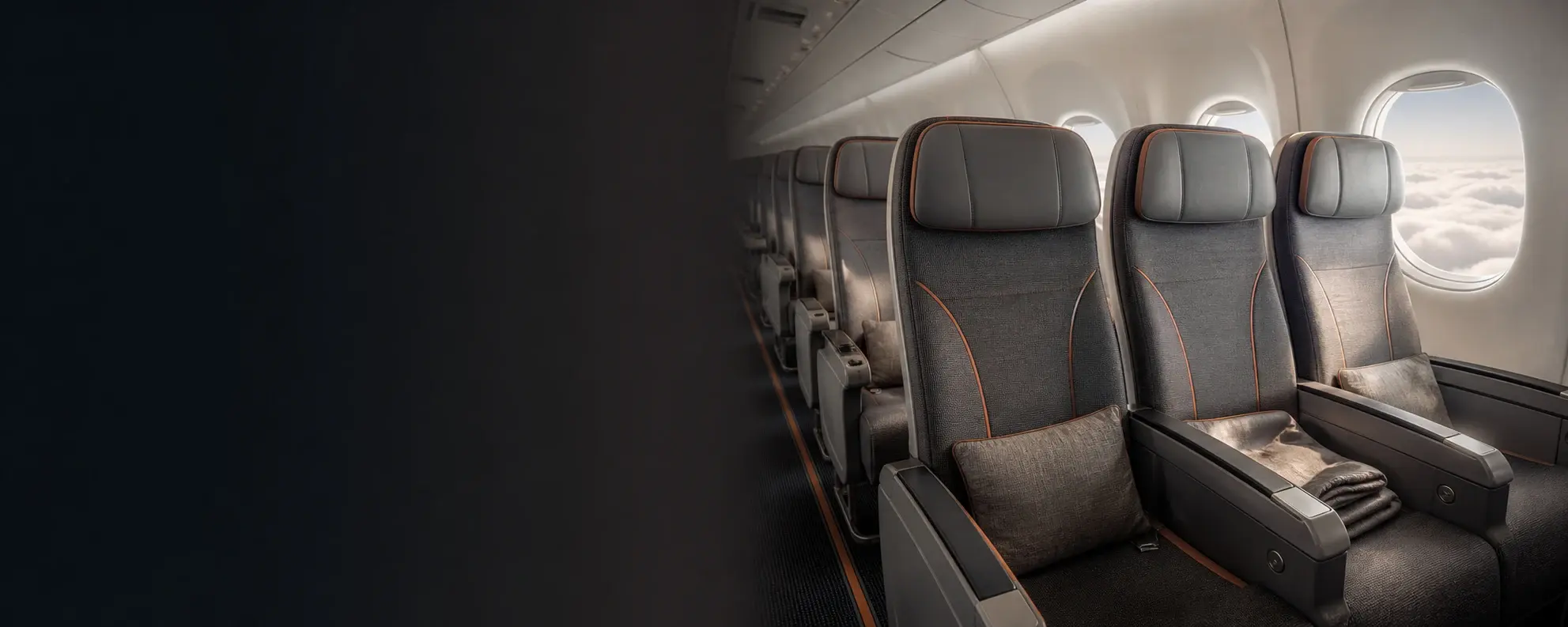 Airplane cabin with the SeatInfo browser extension seat panel overlaid