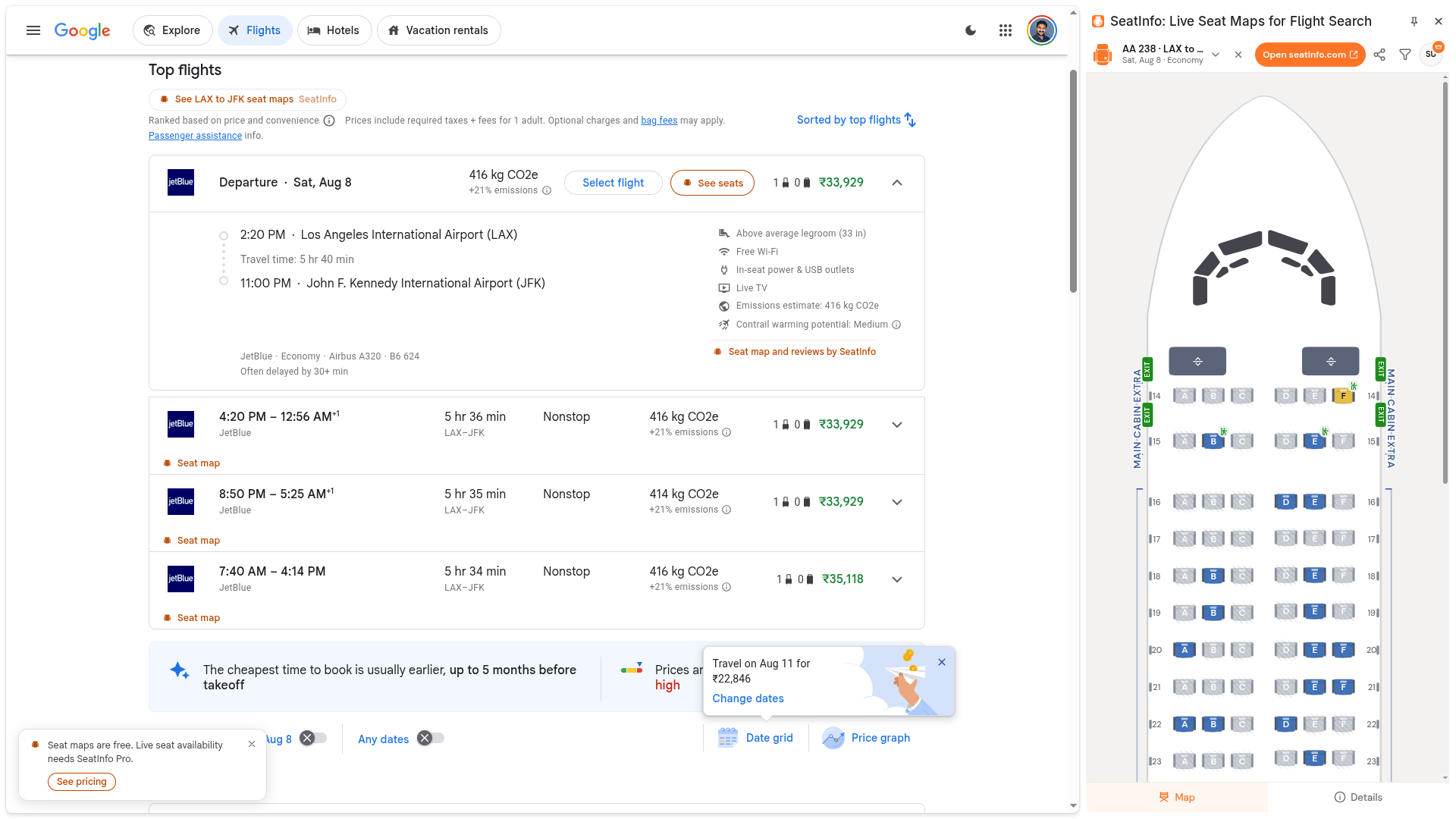 See live seat maps inside Google Flights
