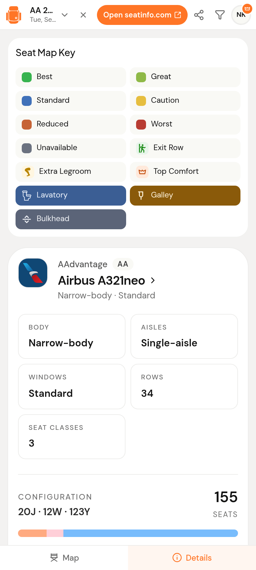 See seats button on a Google Flights result