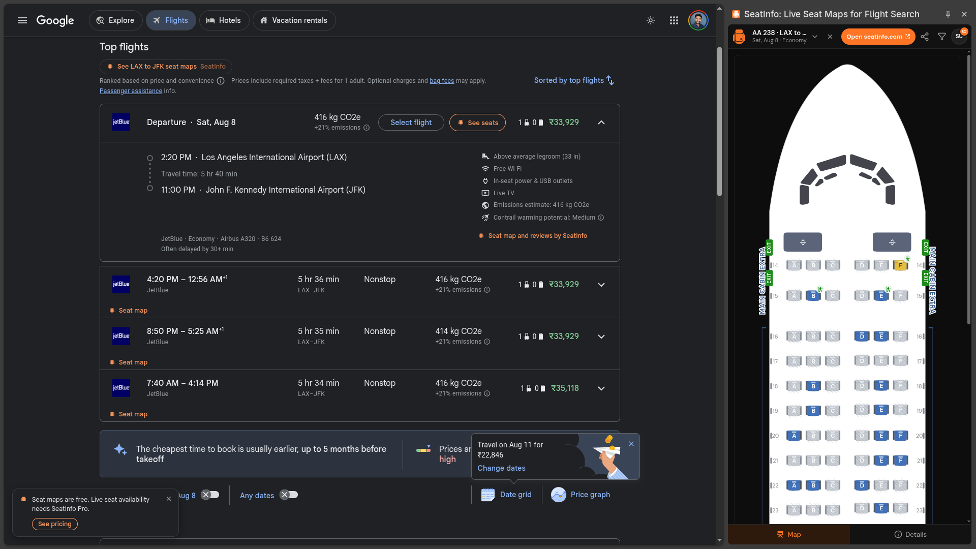 Seat maps, right inside Google Flights