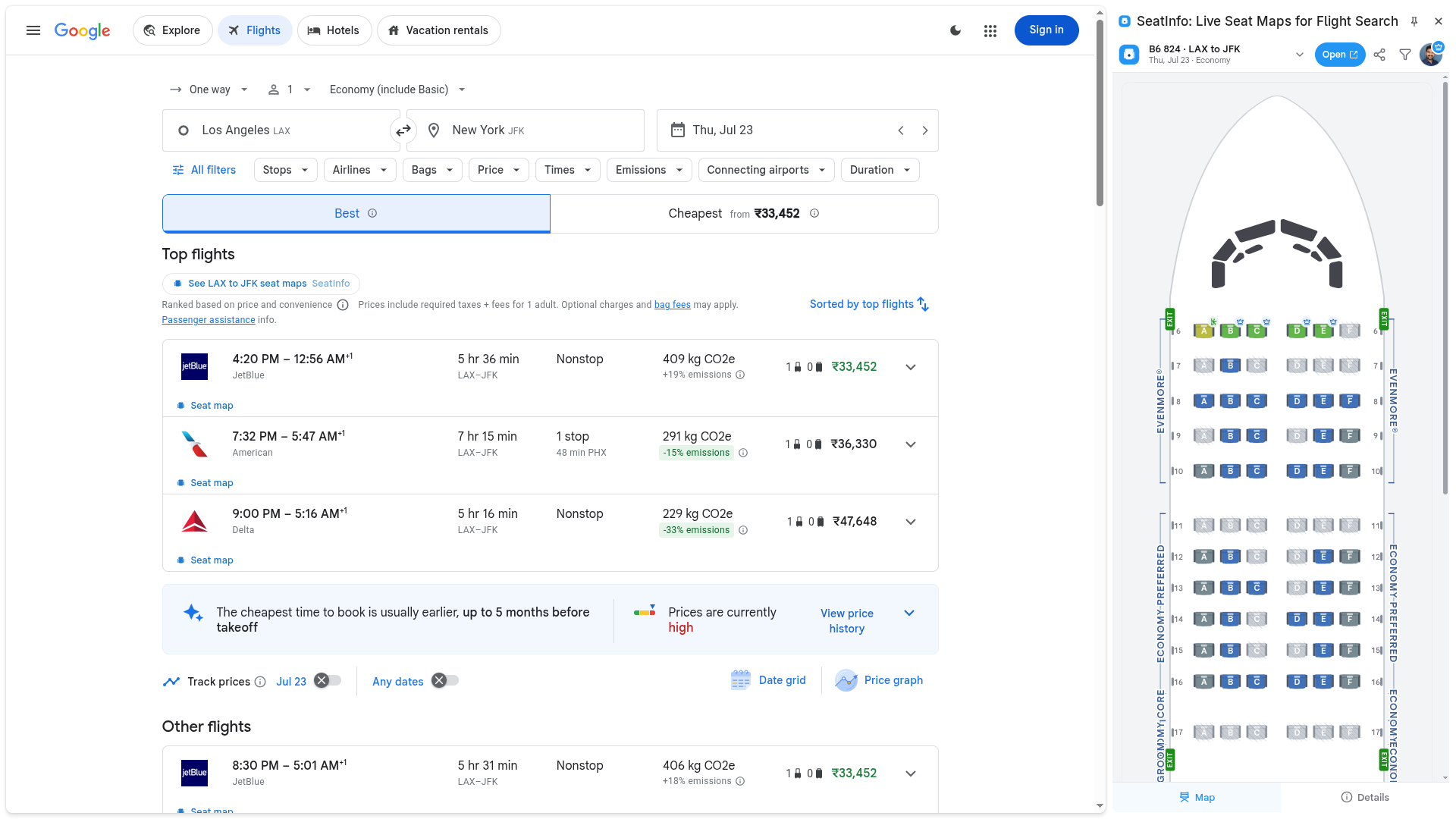 The SeatInfo side panel open beside a Google Flights result