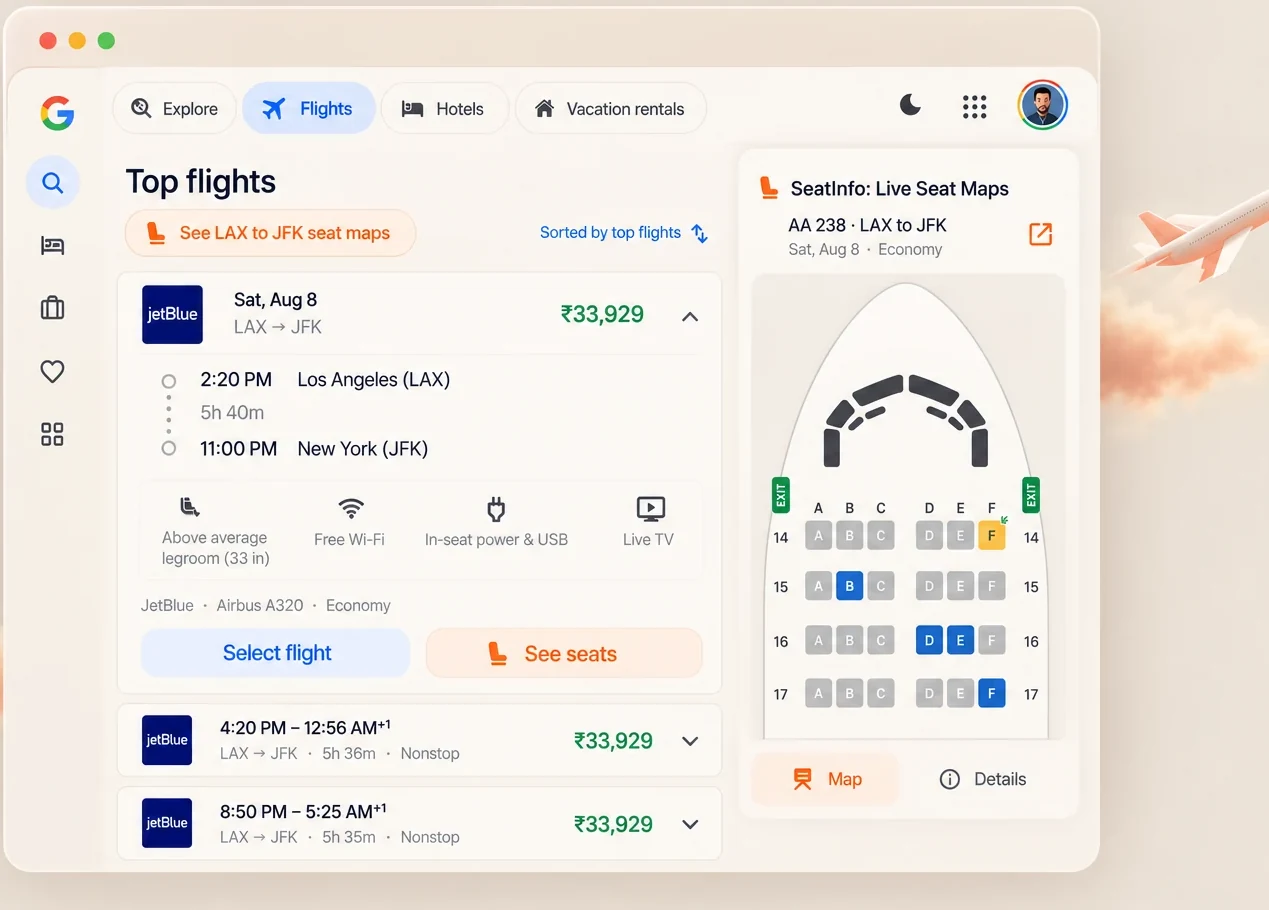 The SeatInfo panel open beside a Google Flights result