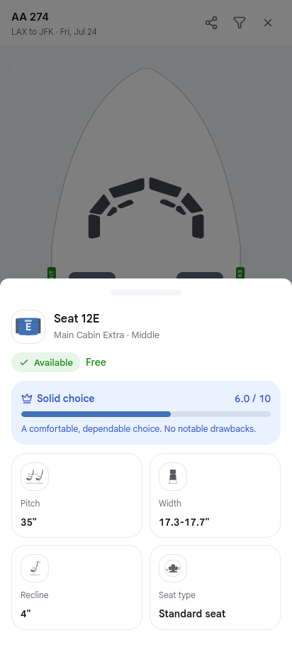 See seats button on a Google Flights result