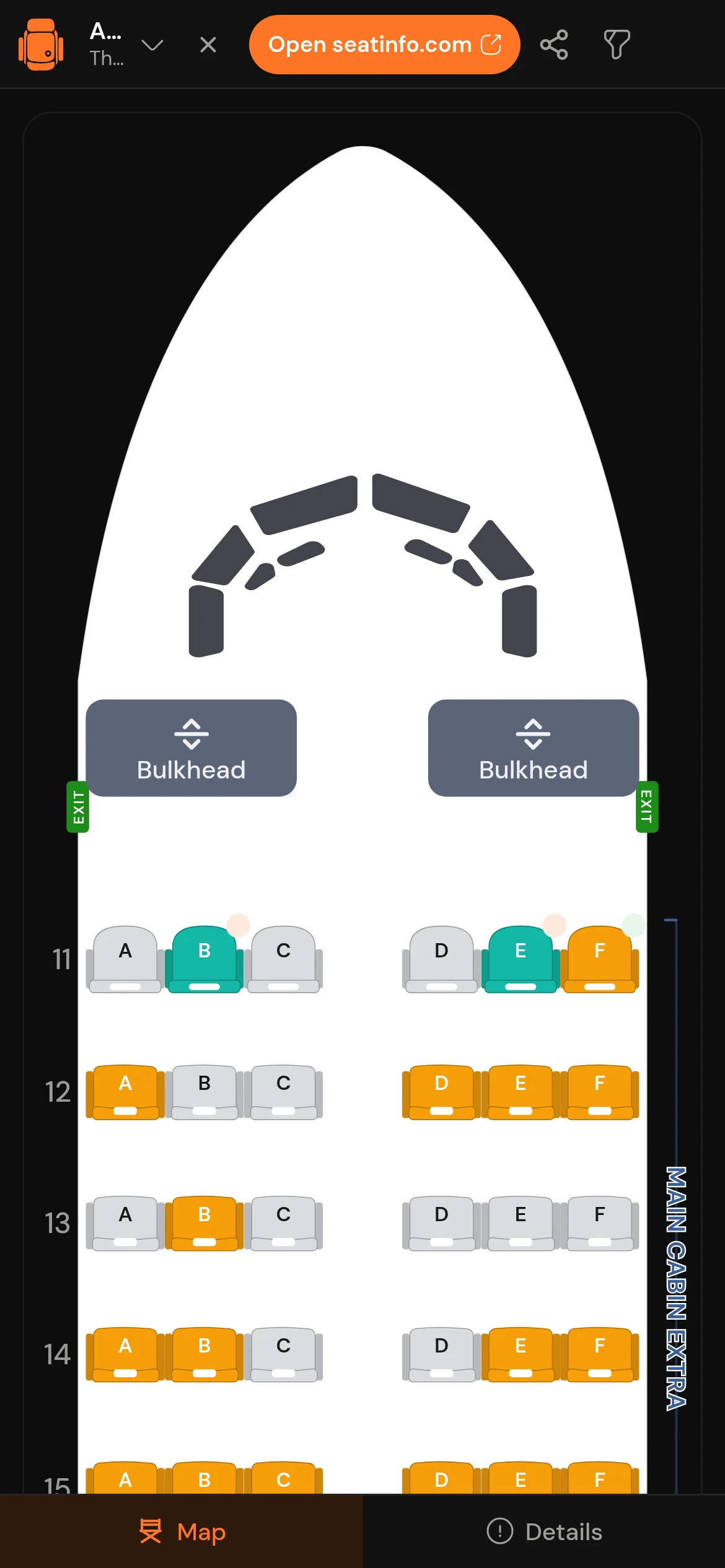 The SeatInfo seat map in Telegram, showing a seat's rating, pitch and width
