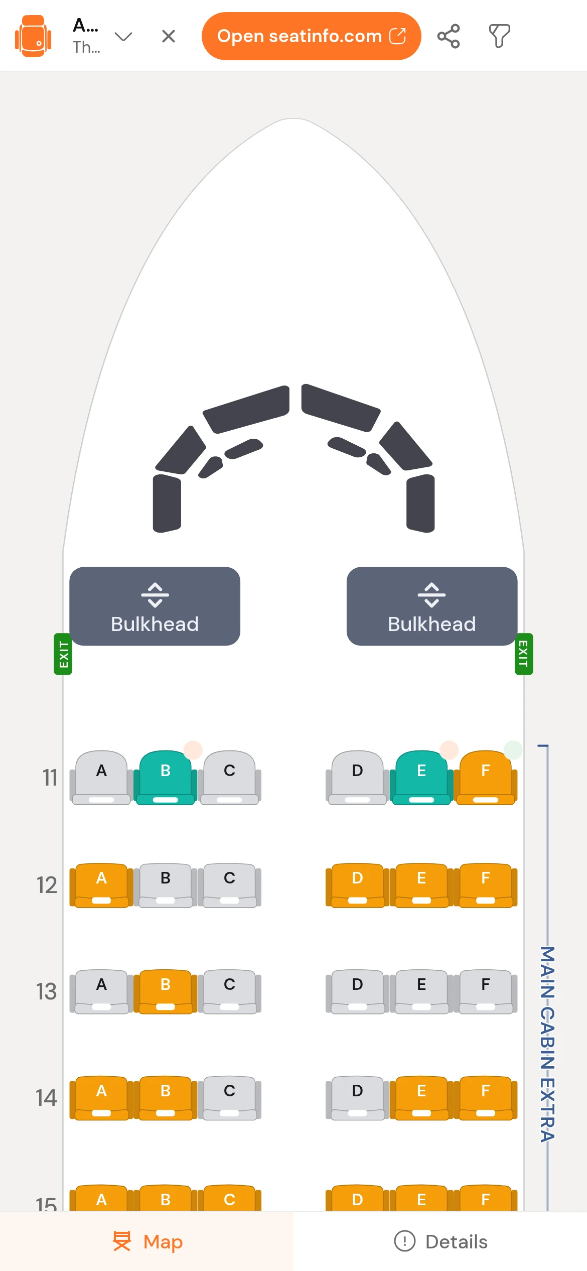 The SeatInfo seat map in Telegram, showing a seat's rating, pitch and width